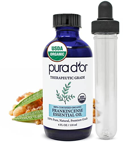 PURA D'OR ORGANIC Frankincense Essential Oil (4oz with Glass Dropper) 100% Pure & Natural Therapeutic Grade For Hair, Body, Skin, Aromatherapy Diffuser, Relaxation, Meditation, Mood, Massage, DIY Home