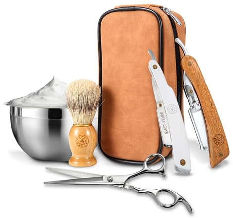 Naked Armor Lucan Barber Shavette Straight Razor Kit for Men with 2 Shavettes, Shaving Brush, Bowl, Barber Scissors, 5 Double Edge Blades, Leather Case and Gift Box, Barbershop Wet Shaving Set