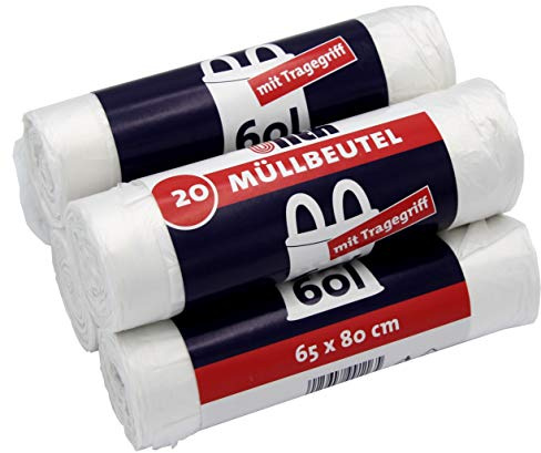 100 soppåsar/soppåsar med bärhandtag, 60 liter, 20 stycken per rulle, slitstark och vätsketät, produkt och förpackning återvinningsbar (5-pack)