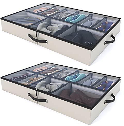 Woffit Under Bed Shoe Storage Organizer - Set of 2 Large Containers, Each Fits 12 Pairs of Shoes - Sturdy Box w/Adjustable Dividers - Underbed Shoe Storage for Kids & Adults, Beige