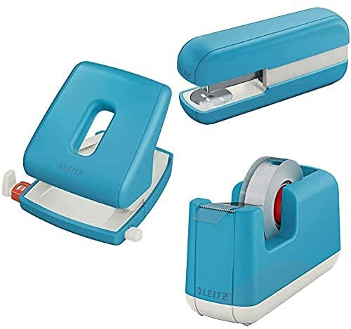 Leitz Locher, Heftgerät und Klebeband-Tischabroller, ideal für Home Office, Sanftes Blau, Cosy-Serie