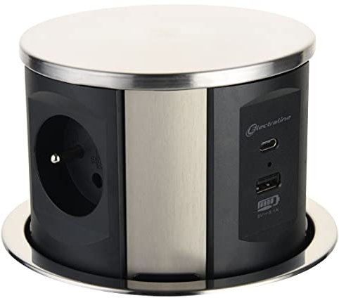 Electraline 35446 Bloc Multiprise escamotable Plan de Travail avec 3 16A Norme française + 2 3.1A A + 1 USB Type C 15.5W, Prise Encastrable pour Cuisine, Diamètre 120mm, 2M, Noir, Vertical