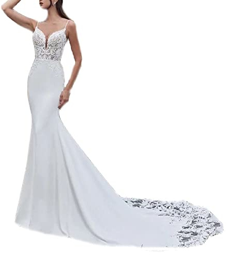 yhfshop Robe de Soirée Demoiselle d'honneur,Robes de mariée sirène en Satin à col en V et Dentelle Sexy,White,US8,Robe Demoiselle d'honneur Femme