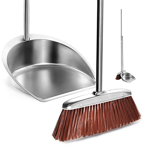 Broom and Dustpan Set for Home, Long Handled Heavy Duty Broom and Dust Pan Set Upright, Adjustable Handle Stainless Steel Broom with Dustpan Combo Set for Sweeping Indoor Outdoor Kitchen Lobby Floor