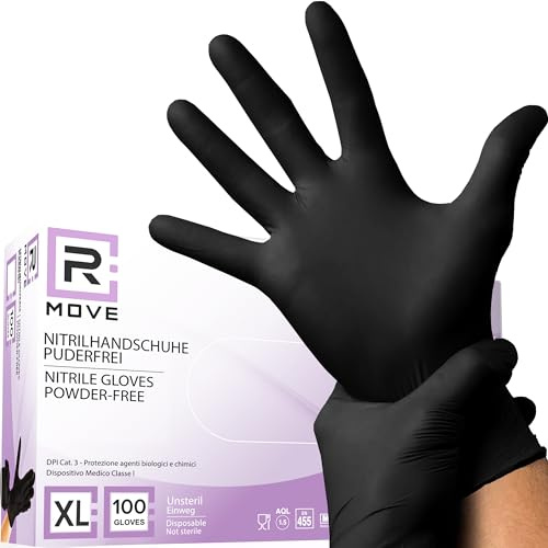 R MOVE 100 guanti in nitrile monouso neri XL senza polvere, gloves ambidestri usa e getta per alimenti, non sterili, senza lattice, ipoallergenici - per ambiti medici, Estetisti, Tatuatori (XL, Neri)