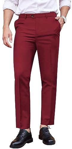 COOFANDY Men's Classic Fit Dress Pants Flat Front Straight Formal Pants Wrinkle Free Expandable Waist Suit Pants Wine Red
