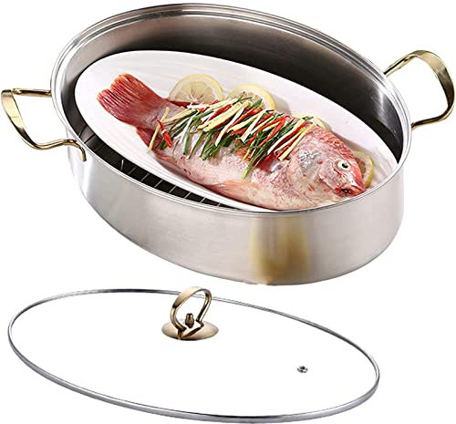 8 Trimestres Ovale Les Côtelettes De Poissons, Acier Inoxydable 304 Multi - Usages Steamer De Poisson Avec Rack, Pot En Céramique Et Chuck Plaque De Cuisson Ustensiles De Cuisine