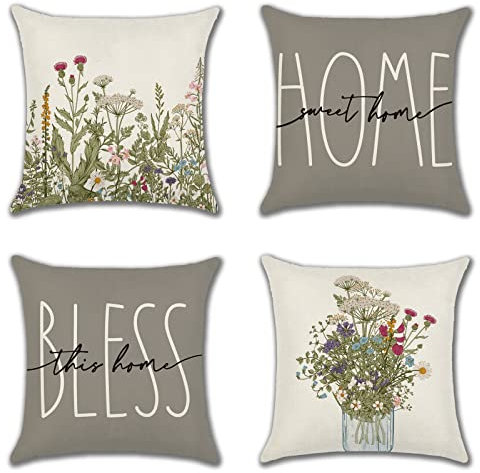 JOTOM Set of 4 Cushion Covers Wildflowers Grey Decorative Square Home Sweet Home Throw Pillow Covers Sofa Car Pillowcase Summer Decorations for Outdoor Home Bed Couch Decor 45x45 cm (HOME Grey)