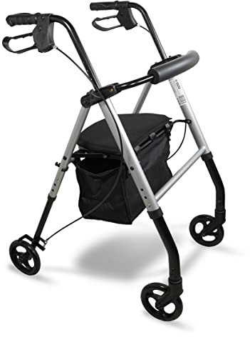 Aidapt Lightweight Folding Four Wheeled Rollator. 6 Wheels, Ergonomic Handle Brakes,Parking Brake,Fabric Padded Seat,Shopping Bag,Height Adjustable Handles&Legs,Flip Up Backrest,Aid,Elderly,Mobility