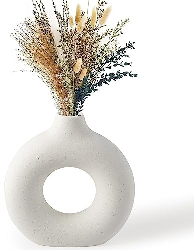 BASVII Keramisk vas vit, munkvas för pampasgräs, matta blomvas rund modern boho torkad blomma dekoration för hem vardagsrum kontor dekoration L