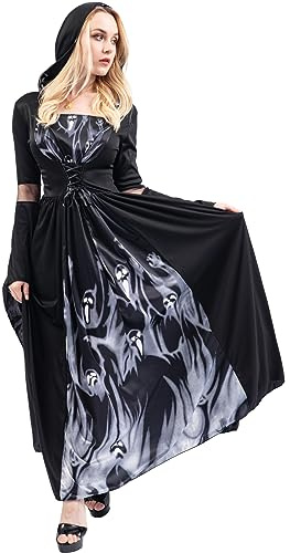 Chitomars disfraz halloween mujer, Fantasma Capa Con Capucha Y Vestido Disfraz De Bruja Halloween Costume Women Vampiro Vestido Adulto Disfraces Carnaval Cosplay(Negra, XXL)
