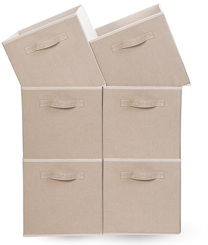 OVAKIA Faltbare Aufbewahrungsbox aus Stoff, 30 x 30 x 30 cm Aufbewahrungswürfel ohne Deckel, Zusammenklappbarer Schrank mit Griffen Organizer für Kleidung Würfelregal, 6 er-Pack, Beige