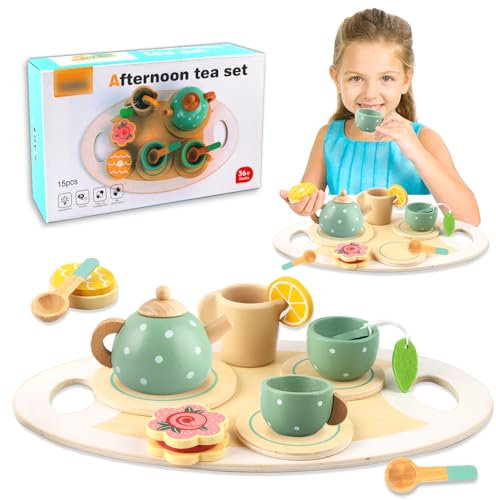 15 Pcs Teeservice Kinder Holz Tee Set, Kinderküche Spielküche Zubehör Holz Küchenzubehör Kinder, Puppengeschirr Kinderküche, Teeparty Spielküche Rollenspiele Geschenk für Kinder Mädchen Jungen