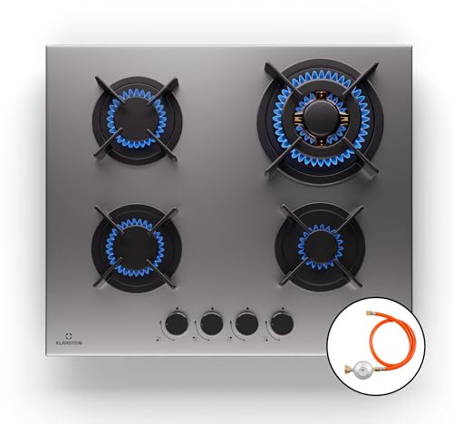 Klarstein Tables de Cuisson à Gaz, Plaque de Cuisson Gaz à 4 Brûleurs, Table de Cuisson Encastrable à 4 Feux de 8000W, Cuisiniere Gaz, Gaziniere Gaz avec Brûleurs en Acier Inoxydable, Cuisinières GPL