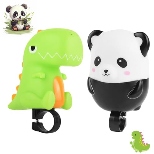 NAMIC 2 Piezas Bocina de Bicicleta para Niños, Dinosaurio Verde, Panda, Bocina de Scooter Tipo Empuje, Trompeta de Dibujos Animados para Niños Niñas Scooter, Accesorios Bicicleta Equilibrio