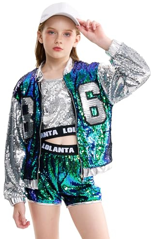 LOLANTA 4 Piezas de niñas Hip Hop Dance Costume Kids Lentejuelas Jazz Dance Clothes Set Calcetines adjuntos, 4-15 años