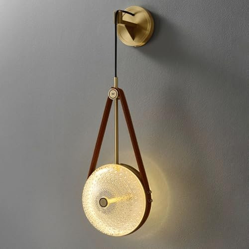 Lámpara de Pared Moderna de latón y Vidrio con LED y Borde de Cuero, 5 W, 3 Modos de Color, Grande, Lujosa lámpara LED posmoderna de latón Cepillado para Pasillo