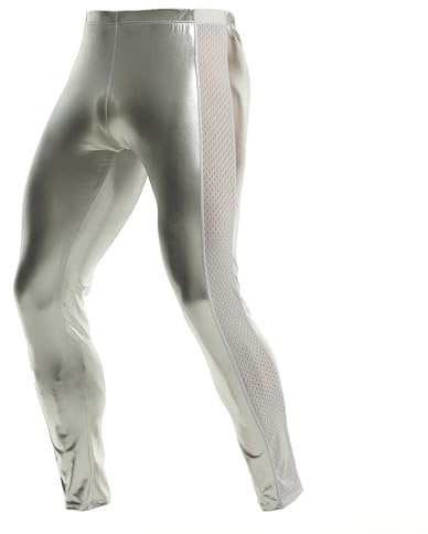 YUFEIDA Men's Metallic Legging Pants Reflective Long Pants Slim Fit Stage Dance Disco Active Casual Sports Leggings Silver