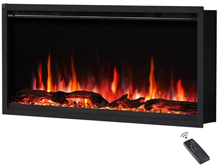 FlameKo Avena 91cm/36 Slim Frame Recessed Media Wall Inset Electric Fireplace with Multi Flame Colours, with Logs, Heater 750W & 1500W