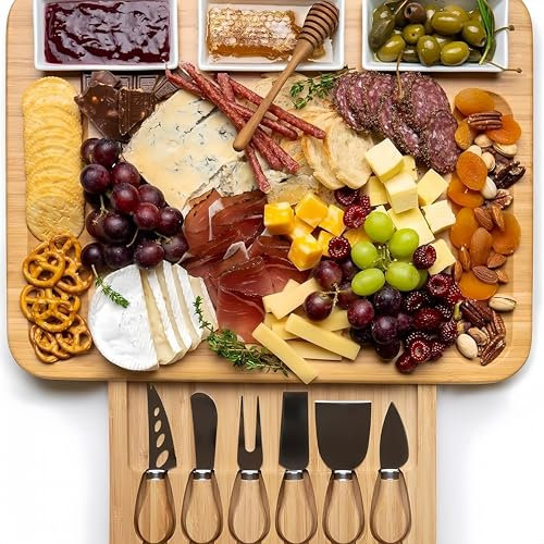Cadzyre Bambus wurstplatte mit 6 käsemesser set, käsebrett Wurstplatte, servierbrett holz 3 Gewürzplatten, Obst, Wurstplatte, Familienfeiern, Geschenke, Käse- und Aufschnitt, 42 x 32 x 4,5 cm