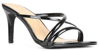 ESSEX GLAM Women's Heeled Sandals Ladies Stiletto Mid High Heel Slip Black Patent On Party Strappy Evening Mule Shoes Size 7