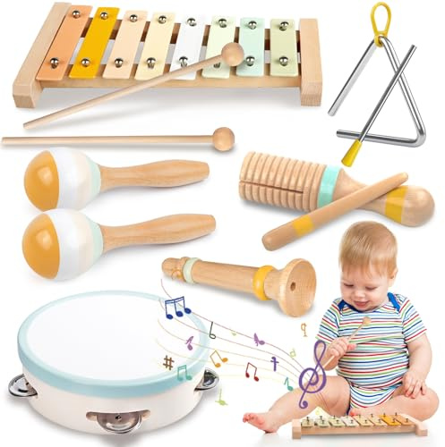 Fortand Wooden Musical Instruments, Toddler Percussion Instruments Toy Montessori Baby Musical Toys Xylophone Tambourine Natural Wooden Music Set Educational Toys for Kids 1 2 3 4 Years Boys & Girls