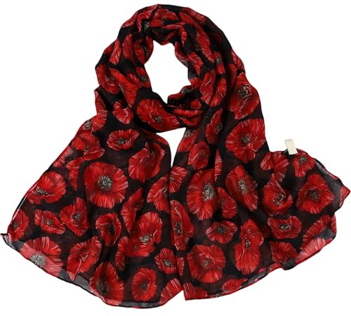 GWAWG Écharpe en Mousseline Coquelicot Femme, Châle Léger Noir à Motif Floral Rouge, Étole Élégante Foulard pour Printemps Été Automne, Idée Cadeau pour Femmes