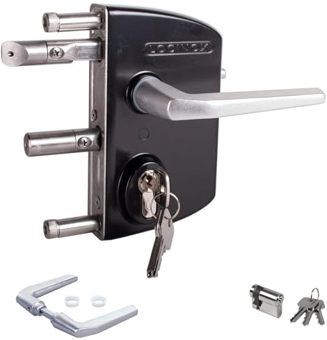 LOCINOX - Serrure de portail battante LAKQ100100 U2, noir profond RAL 9005 pour profils de cadre de 100 à 120 mm - Serrure de portail de jardin, serrure de portail à battant, serrure de boîte avec