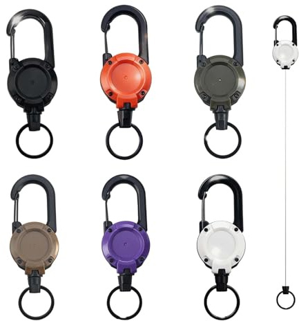 6PCS Heavy Duty Retractable Keychain Key Rings with Lanyard Retractables, Retractable Lanyard Clip Key Fobs, Extendable Keyring with Clip for Work/Camping (White/Orange/Black/Purple/Khaki/Dark Green)