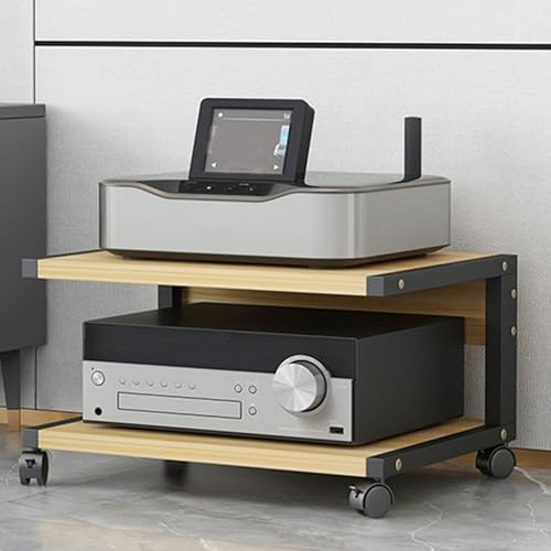 Förvaringshylla med dubbla nivåer med hjul för audiovisuella apparater, lämplig för TV-tillbehör, spelkonsoler, DVD/CD-spelare, PS5 och projektorer (träådring, 50 x 40 x 30 cm)