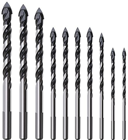 eMagTech Multifunktionale Spiralbohrer-Bits, Wolframkarbidspitze, dreieckiger Griff für Keramik, Fliesen, Beton, Mauerwerk, Aluminium, 10 Stück