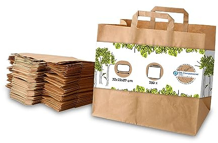 BIOZOYG bolsas de papel con mango plano 80 g/m² 32x22x27cm I papel sólido bolsas papel kraft capacidad de carga 5-7 kg I XXL I bolsas de papel con fondo plano I marrón 250 pc