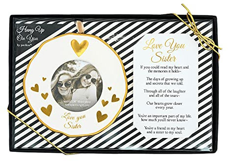 Pavilion - 4 Gold White Ornament Round 2.36 Photo Holder with Keepsake Card - Love You Sister - Gift Ready Packaged Set