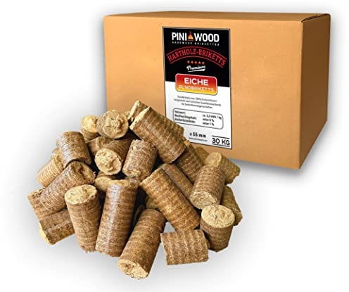 PINI Briquetas de madera dura, 100% roble, 30 kg, chimenea, estufa, leña, barbacoa, briquetas de roble con larga duración de combustión