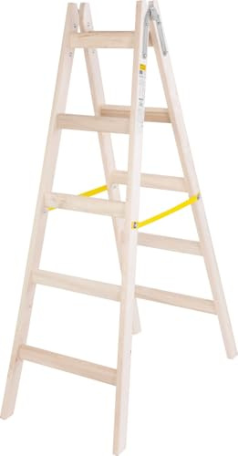 PROREGAL Wood Double Giraffe Holz-Sprossen-Stehleiter mit Spreizsicherungsband | 2x5 Sprossen | HxB 163x52x105cm | Leiter, Trittleiter, Bockleiter, Sprossen-Doppelleiter, Stehleiter