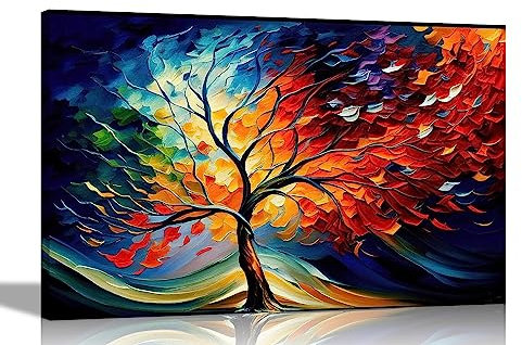 Artley Prints - Colourful Tree Of Life in the Wind Canvas Wall Art Prints | Abstract Pictures | Framed and Ready to Hang for Living Room Extra Large 101 x 76cm (40 x 30 inches)