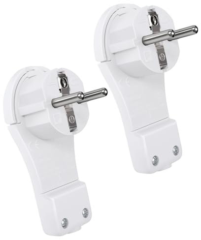 EXTRASTAR Schutzkontakt Winkelstecker 250 V (16A), Eurostecker mit Klappgriff, Schutzkontakt Stecker für Kabel bis 3x1,5 mm², Flach-Stecker IP20, Weiß, 2 Stück