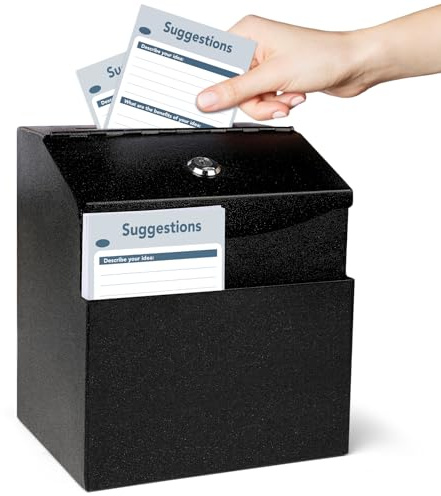 LINSIRON Suggestion Box with Slot and Lock, Metal Wall Mounted Ballot and 50 Free Suggestion Cards,Donation Boxes for Fundraising with 2 Keys 8.4 x 5.8 x 7.0 inch,Black