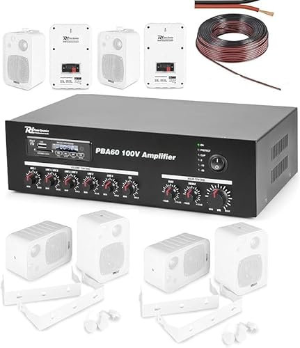 IMPIANTO AUDIO FILODIFFUSIONE CON INGRESSI MICROFONI 100V BLUETOOTH + 8 ALTOPARLANTI AUDIO (CON 8 CASSE DA PARETE BIANCHE)