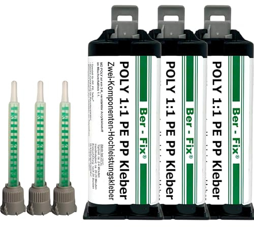 Ber-Fix Colle plastique 2K – Colle PE PP également pour polypropylène (PP) et polyéthylène (PE) 3 x 50 g avec 3 pointes de mélange – Facile à utiliser – Effet puissant
