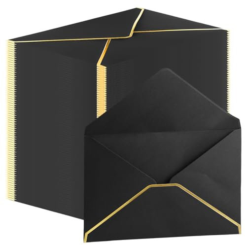 50 Stücke Umschläge A7, 5X 7 Umschläge Briefumschläge Mit V-Klappe, Briefumschläge Goldfolienrand, Einladungumschläge A7 Mit Goldenen Rändern Für Hochzeiten, Einladungen, Party (Schwarz)