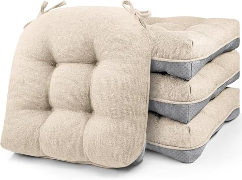 widesmile 40cmx 40cm Memory Foam Dining Chair Cushions Set of 4 Beige | Attachable ties, Non Slip Backing, Tufted Surface, Chair Cushion for Kitchen Dining Room Use