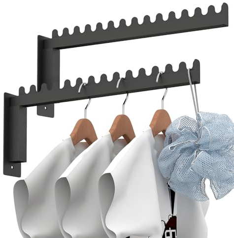 STWWO 2 Stück Kleiderhaken Wandmontage Kleiderstange mit 14 Löchern Kleiderlüfter Garderobenhaken Wand Kleiderständer Platzsparender für Balkon Badezimmer Waschküche, Metall, Schwarz