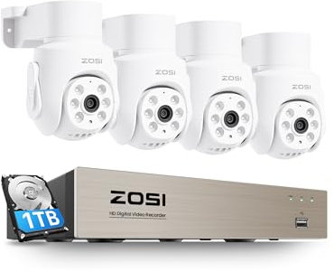 ZOSI 8CH 5MP 1TB DVR Kit Caméra de Surveillance avec Fil, 2MP Caméra Extérieure PT Vue à 360°, Détection de Personne/Véhicule, Vision Nocturne 20m Audio Unidirectionnel Enregistrement 24/7