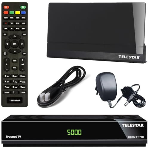 Telestar DVB-T2 Receiver + 3 Monate Freenet GRATIS + DVB-T Zimmerantenne +45 dbi + HDMI Kabel, HDTV, PVR Ready, HD USB Mediaplayer, HDMI (Hybrid Receiver für DVB-T2 und Kabel TV) netshop 25 Bundle Set