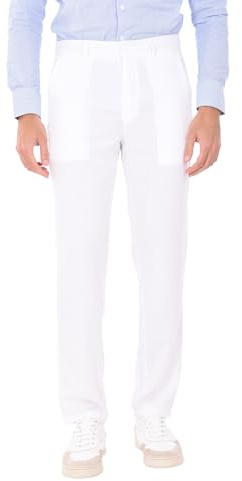 Ciabalù Pantaloni Lino Uomo con Pinces Frontali Tinta Unita vestibilità Comoda Pantalone Leggero Estivo Elegante Sportivo (IT, Testo, 3XL, Regular, Regular, Bianco)