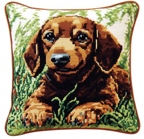 ASONGLINGO Kit de almohada con gancho de pestillo, Perro en la hierba funda de almohada impresa, hilos de ganchillo, cojín de gancho,Cojines con Cierre de Gancho 43x43cm