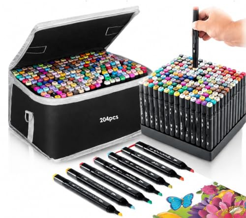 204 Colors Alcohol Markers Set Colouring Art Marker Pens Dual Tip Graphic Sketch Pens Coarse Pens with Carry Case for Sketching Painting Manga Design (Black)
