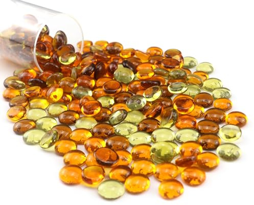 Vnezakl 0.96 LB Mix Color Flat Glass Beads Marbles 0.65-0.75 Inch Smooth Stone Pebbles for Aquarium Fish Tank Rocks Vase Fillers Floral DIY Craft Gems Home Decor (Orange Yellow Amber)