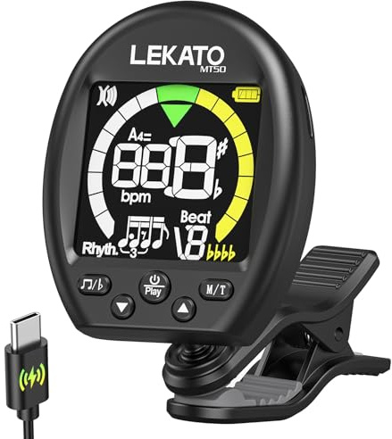 LEKATO Accordatore 3 in 1 per chitarra, metronomo, generatore di toni, ricaricabile, accordatore a clip, schermo a colori per chitarra, basso, ukulele, violino, modalità di sintonizzazione cromatica